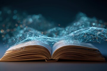 An open book emits glowing strands connecting light points on a dark background