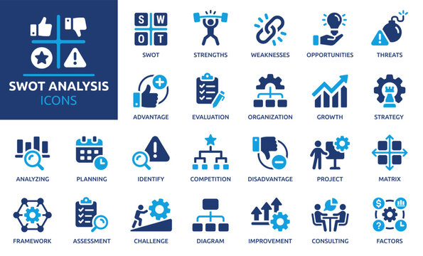 SWOT analysis icon set. Containing strengths, weaknesses, opportunities, threats, advantage, assessment, framework, strategy, planning, project and more. Solid vector icons collection.