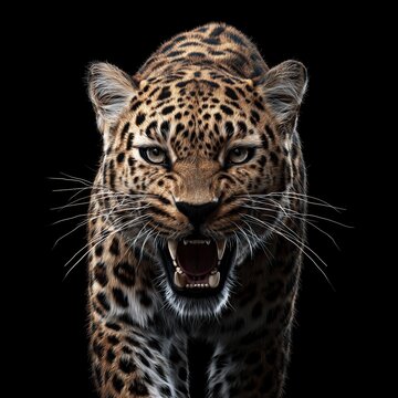 Close-up of an aggressive leopard roaring in the dark, hyper-realistic studio lighting, black background. Generative by AI