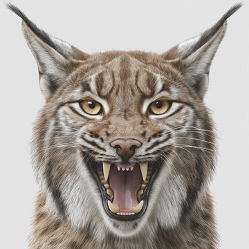 Realistic lynx portrait, one roaring with teeth bared and one calmly gazing sideways, high detail animal face. Generative by AI