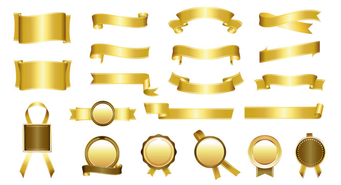 Elegant Gold Ribbon and Badge Set – Vector Decorative Elements for Awards and Celebrations
