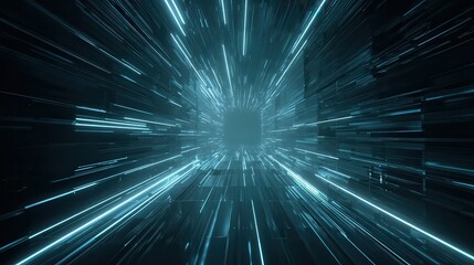 Fototapeta premium Abstract neon lights into digital technology tunnel. Futuristic technology abstract background with lines for network, big data, data center, server, internet, speed. 3D render.