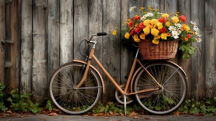 Fototapeta premium Vintage bicycle rests against weathered fence with basket of colorful flowers in garden