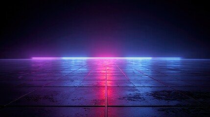 Obraz premium 3d technology abstract neon light background, empty space scene, spotlight, dark night, virtual reality, cyber futuristic sci-fi background, street floor studio for mock up.