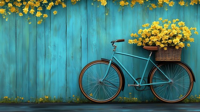 Vintage bicycle with flower-filled basket leans against weathered wooden fence in colorful garden