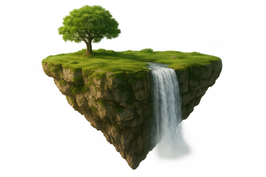Verdant landscape covering floating landmass, featuring cascading waterfall against translucent backdrop