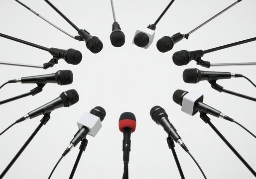 Numerous microphones arranged in a circle focusing on a single red microphone