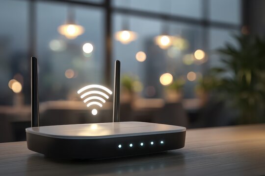 Router with wifi signal against blurred background showing lights and plant