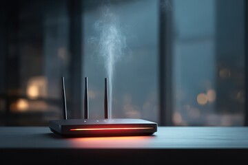 Malfunctioning black router with smoke against cityscape background