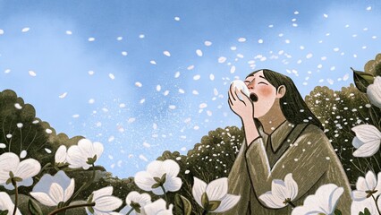 Woman Sneezing Amidst Blooming Flowers in Spring