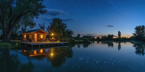 Obraz premium A cozy campsite near a lake, where the reflection of the stars shimmers on the water