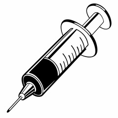 A black and white illustration of a syringe filled with a dark liquid.