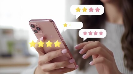 Woman Holding Pink Smartphone with Star Rating Bubbles Feedback and Testimonials