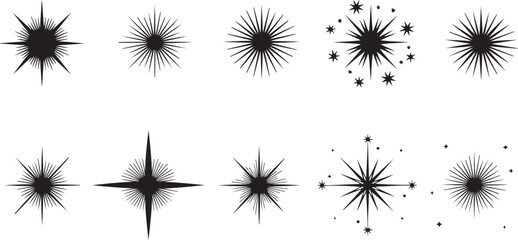 Collection of abstract starbursts and sparkles isolated on transparent background