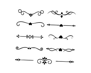 text dividers doodle set. Wedding decorative elements. Divider ornament, borders, floral, vintage line separators. Hand drawn vector illustration isolated on white background. Set page dividers.