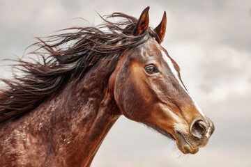 Chestnut racehorse with windswept mane on an overcast day