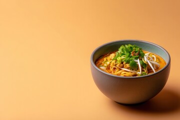 Delicious khao soi lao noodle soup presented in ceramic bowl against light orange backdrop