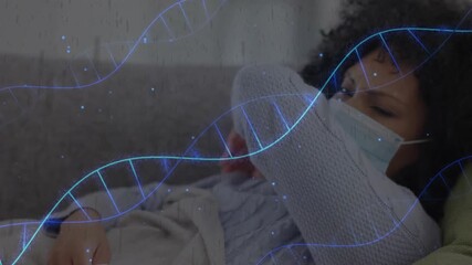 Woman reclining on sofa initiating transparent DNA helix overlay as covering cough to show symptom - Powered by Adobe