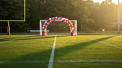 Festive soccer goal with colorful balloons on a vibrant green soccer field on a sunny day - Powered by Adobe