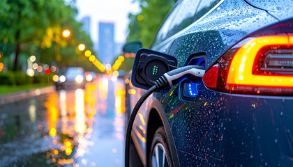 Electric Car Charging in Rain: A modern electric car charges in the rain, capturing the essence of sustainable transport and the integration of technology into everyday life. Reflecting modern.