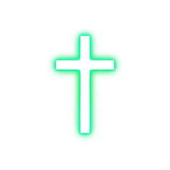 Glowing green Christian cross with light aura on transparent background
