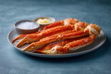 King crab legs served with drawn butter on ceramic platter