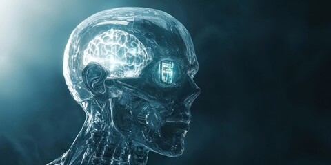A cybernetic humanoid with a transparent skull revealing a glowing AI core