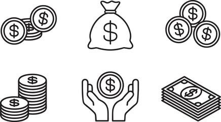 Finance and Wealth Icons Representing Dollar Coins and Paper Currency Showing Investment, Money Management, and Financial Well Being of Assets