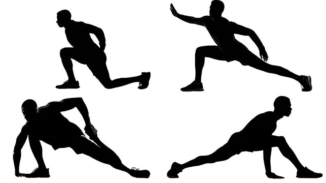 Silhouette of a man performing various stretches.  Four poses of a person in athletic attire, engaged in dynamic stretching exercises, against a plain white background
