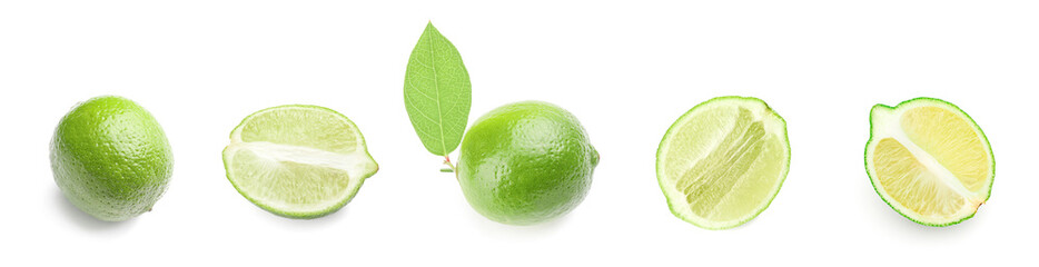 Set of fresh green limes on white background