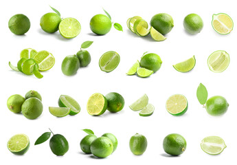 Set of many green limes on white background