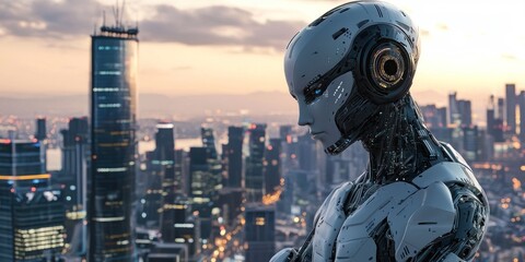 A cyberpunk-inspired AI humanoid looking at a city skyline with a thoughtful expression