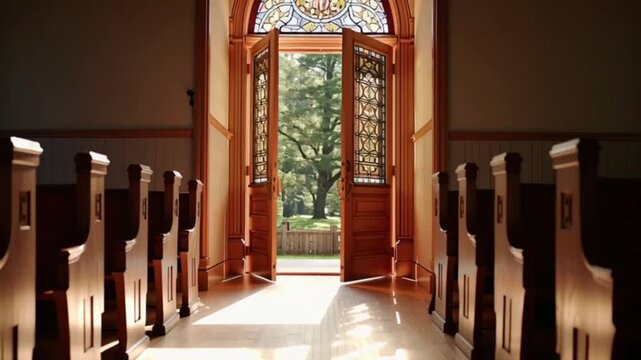 Church Doors Opening Sunlight Streaming