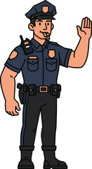 A friendly cartoon police officer in a blue uniform, waving his hand and blowing a whistle. Vector illustration of a lawman character.