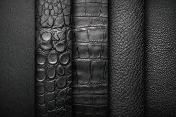 Assorted black leather textures featuring reptile and other rough surfaces