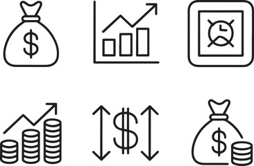 Financial Icons Set Depicting Money Management, Investment, Growth, Savings, and Banking Activities Representing Various Aspects of Personal and Business Finance