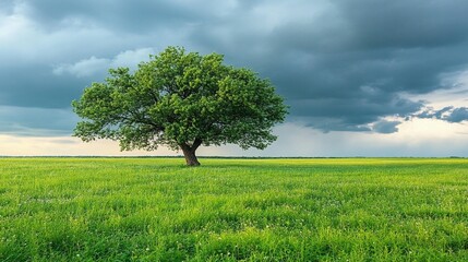 Lone Tree in Green Field, Stormy Sky