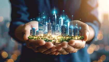 City of Possibilities: The cityscape model glows in the cupped hands, the illustration of progress, capturing the future vision and concept of innovative city living.