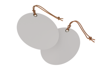 3D blank circle cardboard paper hang tags, price tags or cloth labels mockup with string isolated on background. Tag realistic template for presents branding, shopping label, wedding tag, gift tag