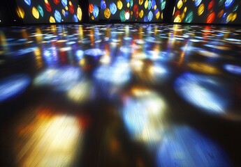 A captivating scene featuring vibrant, colorful light reflections on a wooden floor, creating a festive atmosphere, perfect for celebrations or creative events.