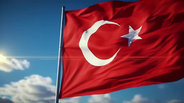 Dynamic turkish flag waving against a clear blue sky
