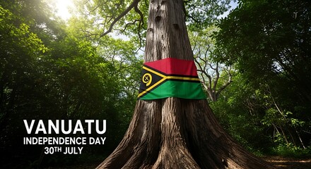 Vanuatu Independence Day: National Flag Displayed on Ancient Tree in Lush Forest