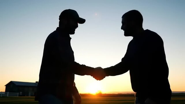 Farmers shaking hands at sunset.
