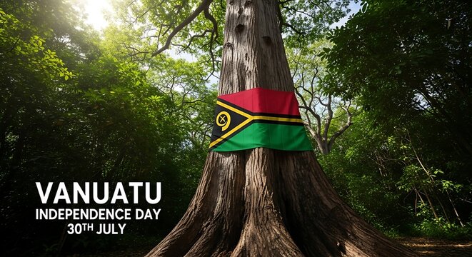 Vanuatu Independence Day: National Flag Displayed on Ancient Tree in Lush Forest - Powered by Adobe