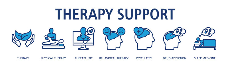 Therapy Support Web Banner Outline Blue icon vector illustration concept with icon of therapy, physical therapy, therapeutic, behavioral therapy, psychiatry, drug addiction, sleep medicine