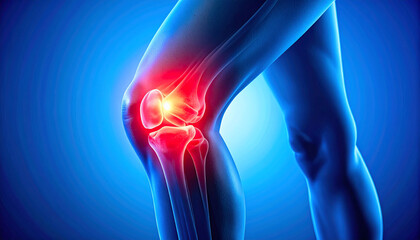 Human Knee Joint with Glowing Red Pain Area: Medical Injury Concept
