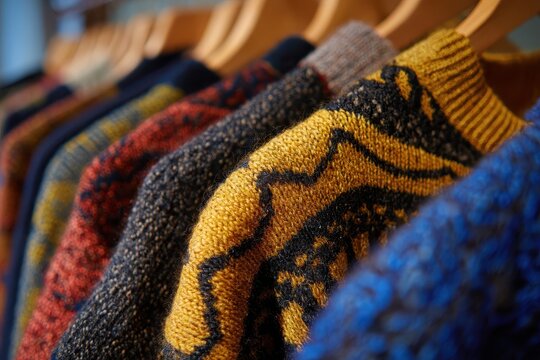 Sweaters on hangers with assorted colors and knit patterns in soft focus - Powered by Adobe