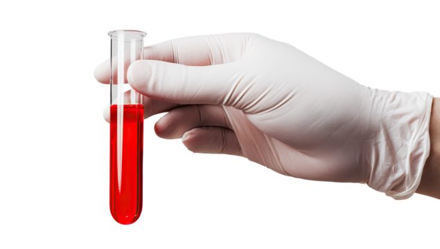 A gloved hand holds a test tube filled with red liquid against a black background