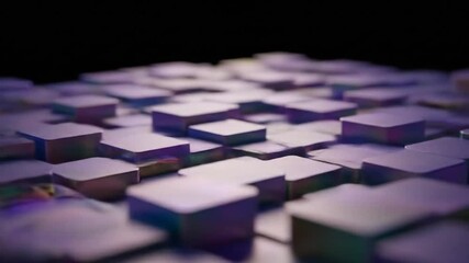 An abstract composition features a field of cube-like shapes in varying shades of purple and green against a black background, with depth-of-field blur - Powered by Adobe