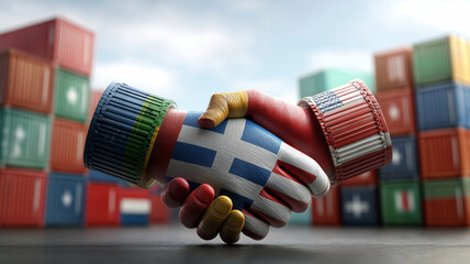 Handshake between hands painted with national flags symbolizes international cooperation and global trade agreements, with shipping containers in background